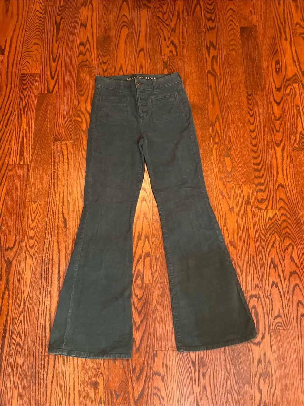 American Eagle Super High Rise Flare Corduroy Pants Green Button Fly Women’s 2